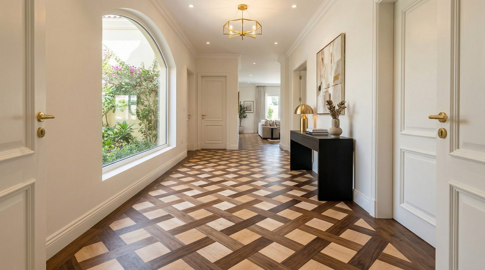 After shot: Plain wood planks to dynamic patterned parquet hallway.