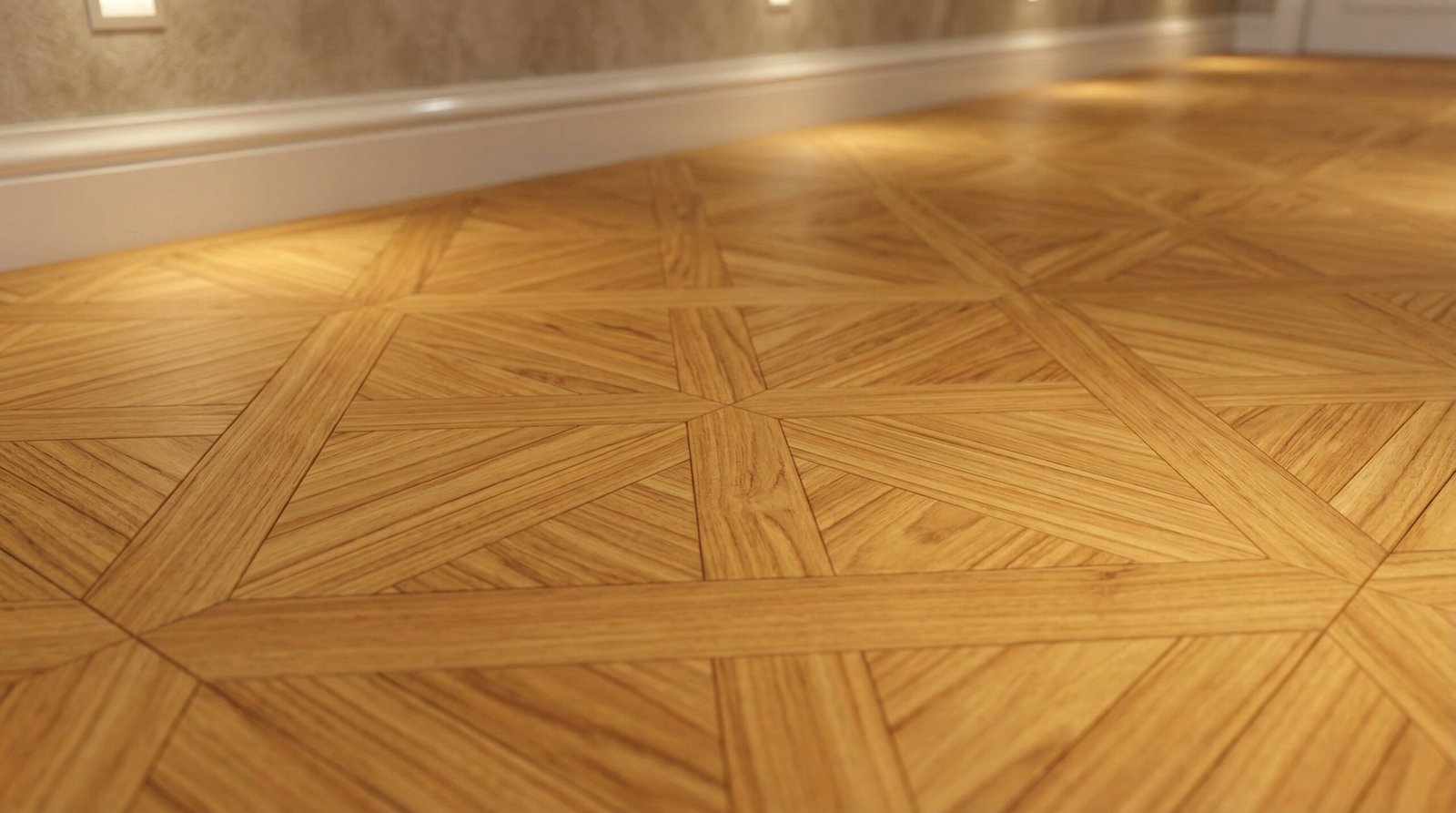 Close-up of plantation teak parquet flooring showing tight geometric pattern and warm color in a UAE villa.