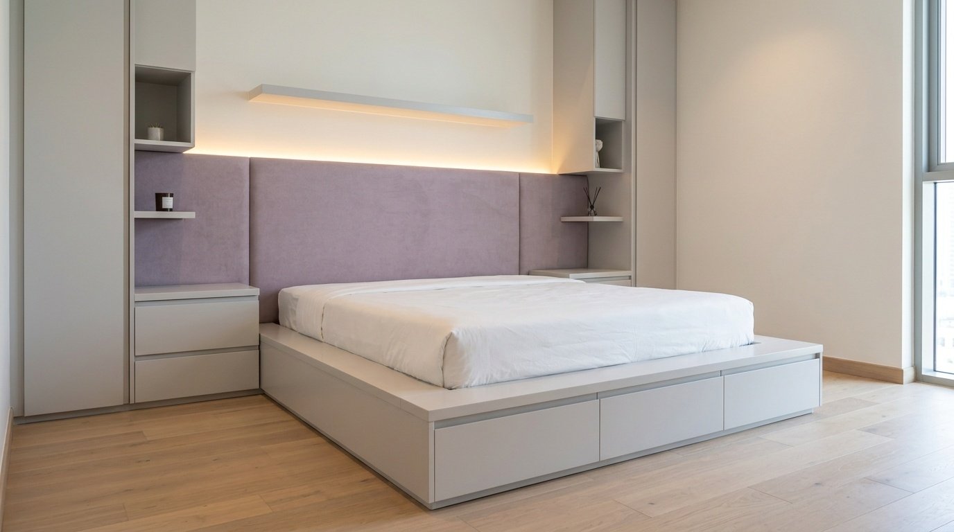Custom built-in platform bed with integrated storage and upholstered headboard in Dubai Nad Al Sheba apartment