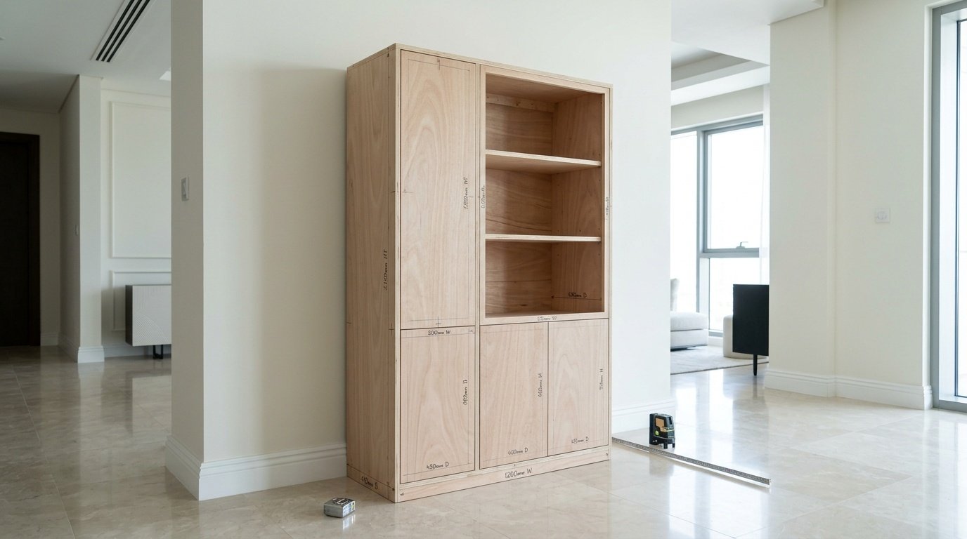 Plywood Mockup Template Verifying Dimensions For A Custom Dining Cabinet.