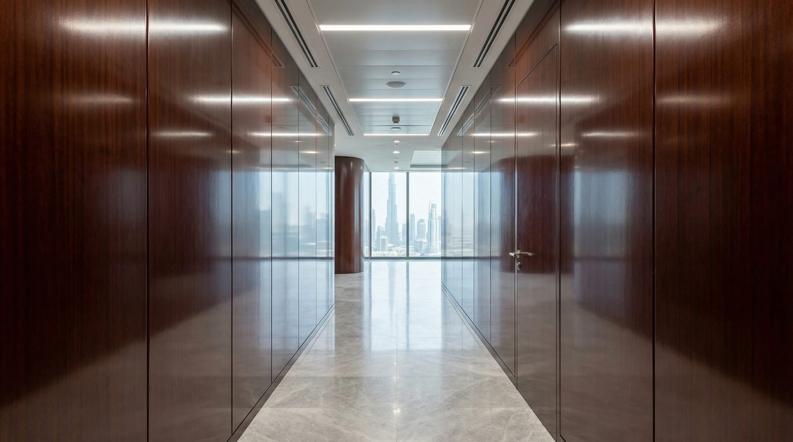 Extensively polished dark mahogany wall paneling in a premium Dubai office hallway ready for handover.