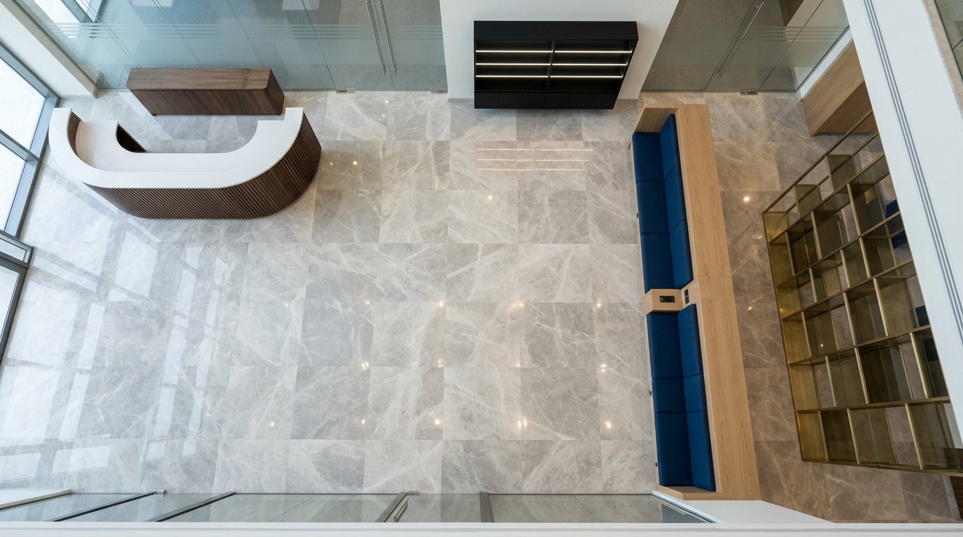 Aerial view of multiple custom furniture installations including reception counter, bench seating, and display cabinet in a UAE building lobby by Karnak Carpentry