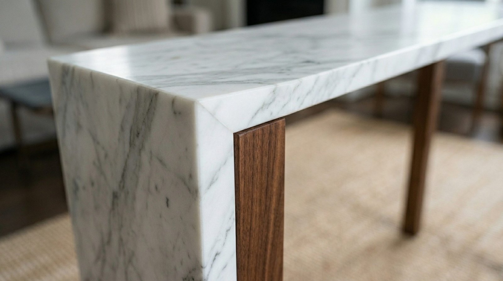 Close-up of precise marble and walnut joinery on a custom Karnak console table.