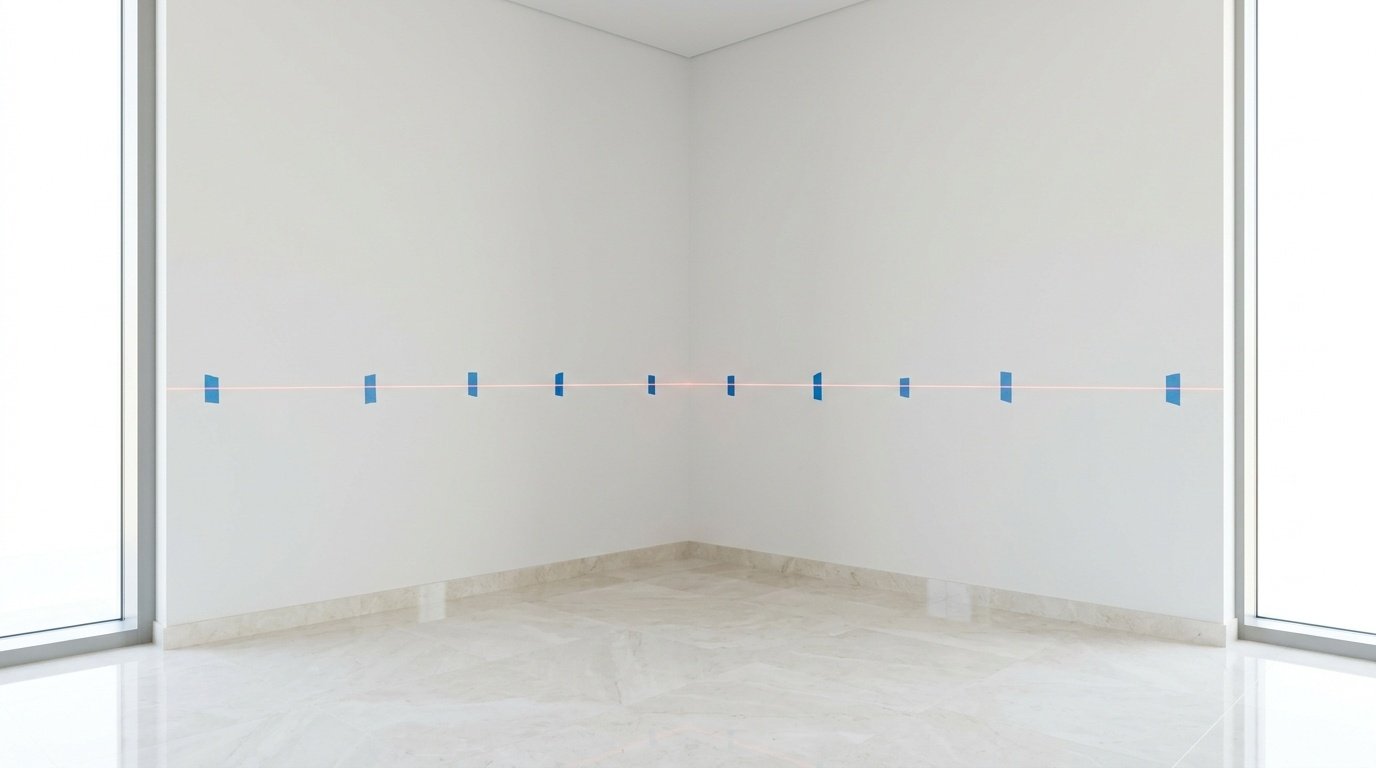 Precise Laser Measurement Marking The Wall For Custom Built In Cabinetry.