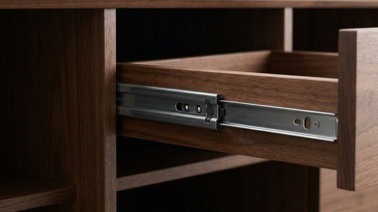 Close-up of a perfectly adjusted, high-quality heavy-duty drawer runner in a custom credenza.