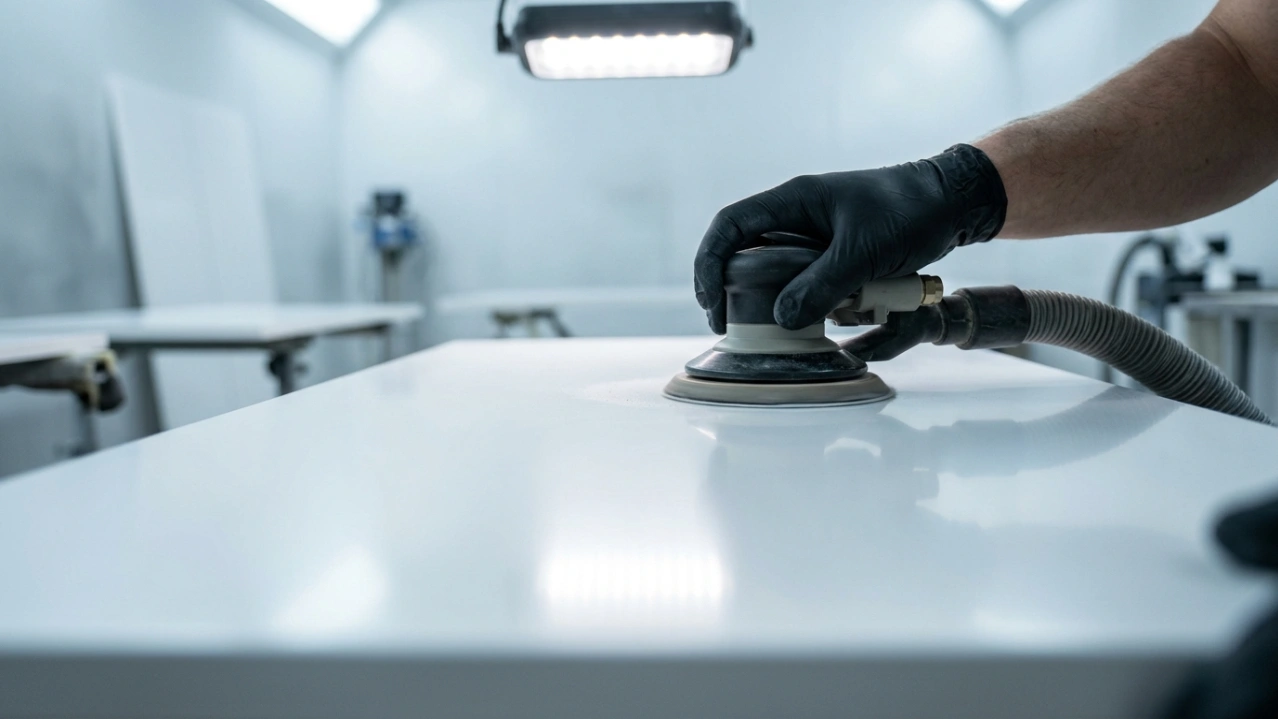 Precision sanding and finishing of a lacquered cabinet door panel in a clean workshop booth.