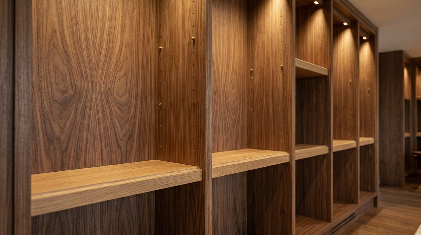 Book-matched walnut veneer bookcase with solid brass shelf pins and 32mm routed oak shelves in a UAE villa study by Karnak Carpentry