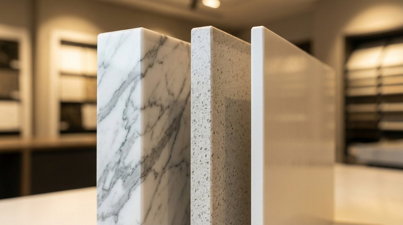 Premium countertop material specimens showing Statuario marble, engineered quartz, and Corian slab cross-sections in UAE showroom