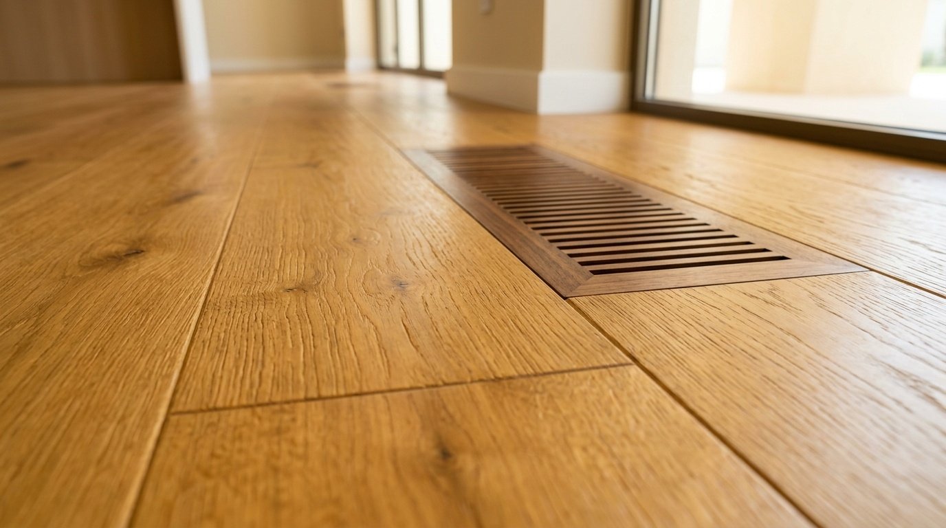 Hand-scraped French Oak hardwood flooring with integrated walnut vent in a Dubai villa.