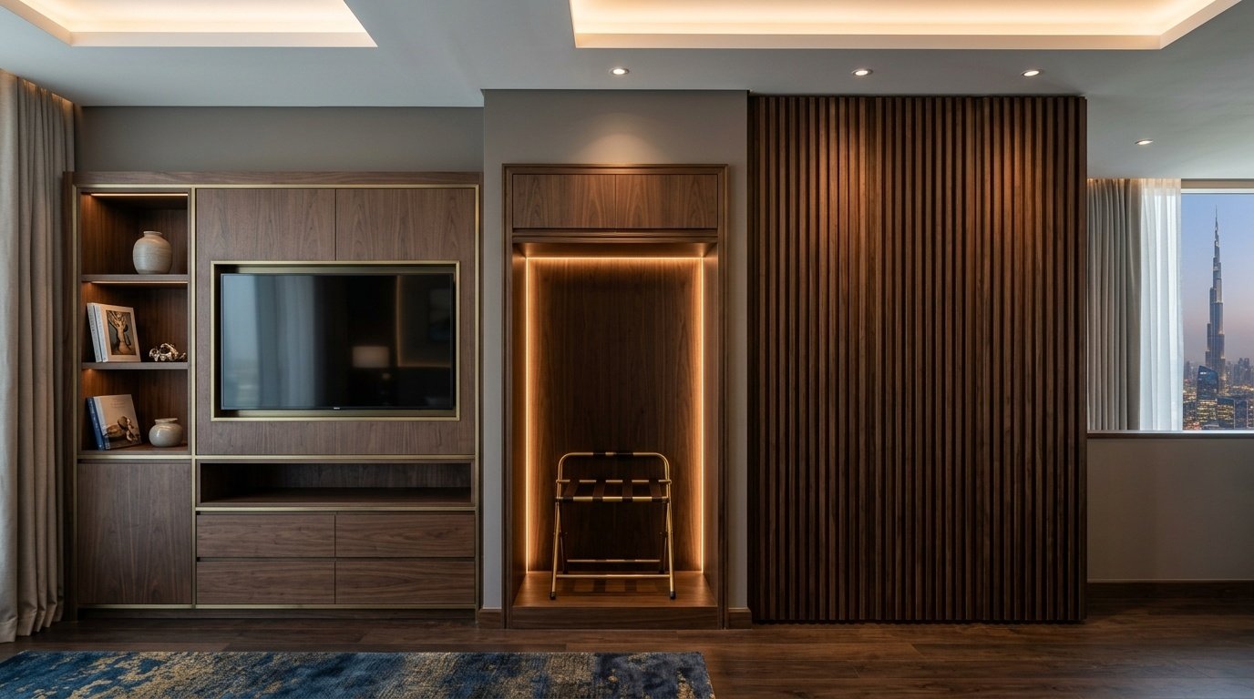 Integrated walnut cabinetry, media unit, and slatted feature wall in a completed Dubai hotel room by Karnak Carpentry.