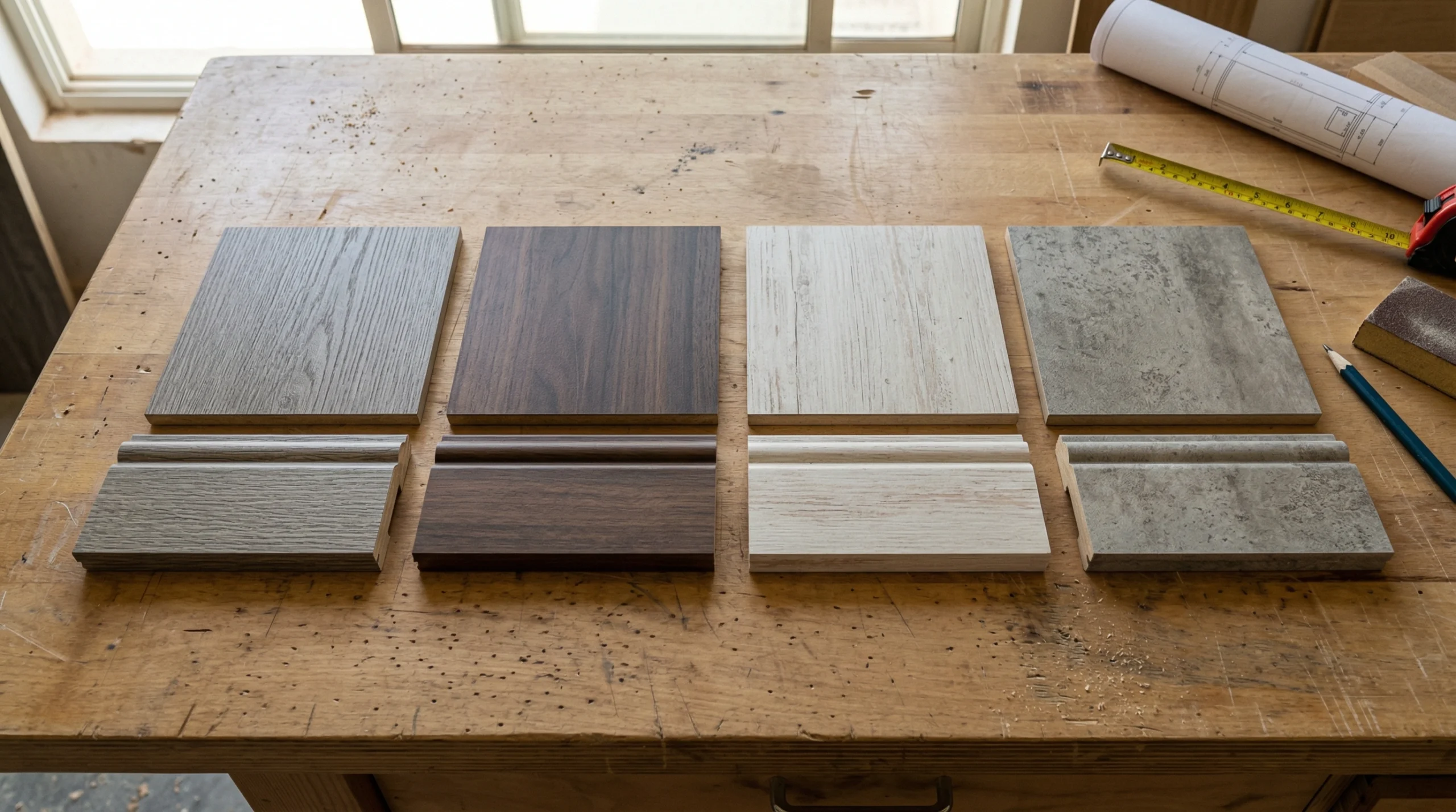 Close-up of four premium wood and stone-effect laminate samples next to custom baseboard joinery.