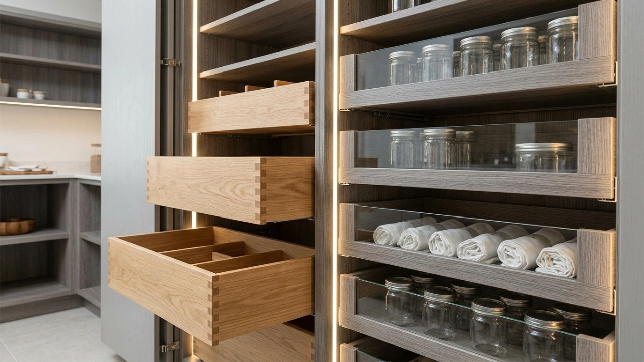Internal wooden drawer systems for a luxury kitchen pantry.