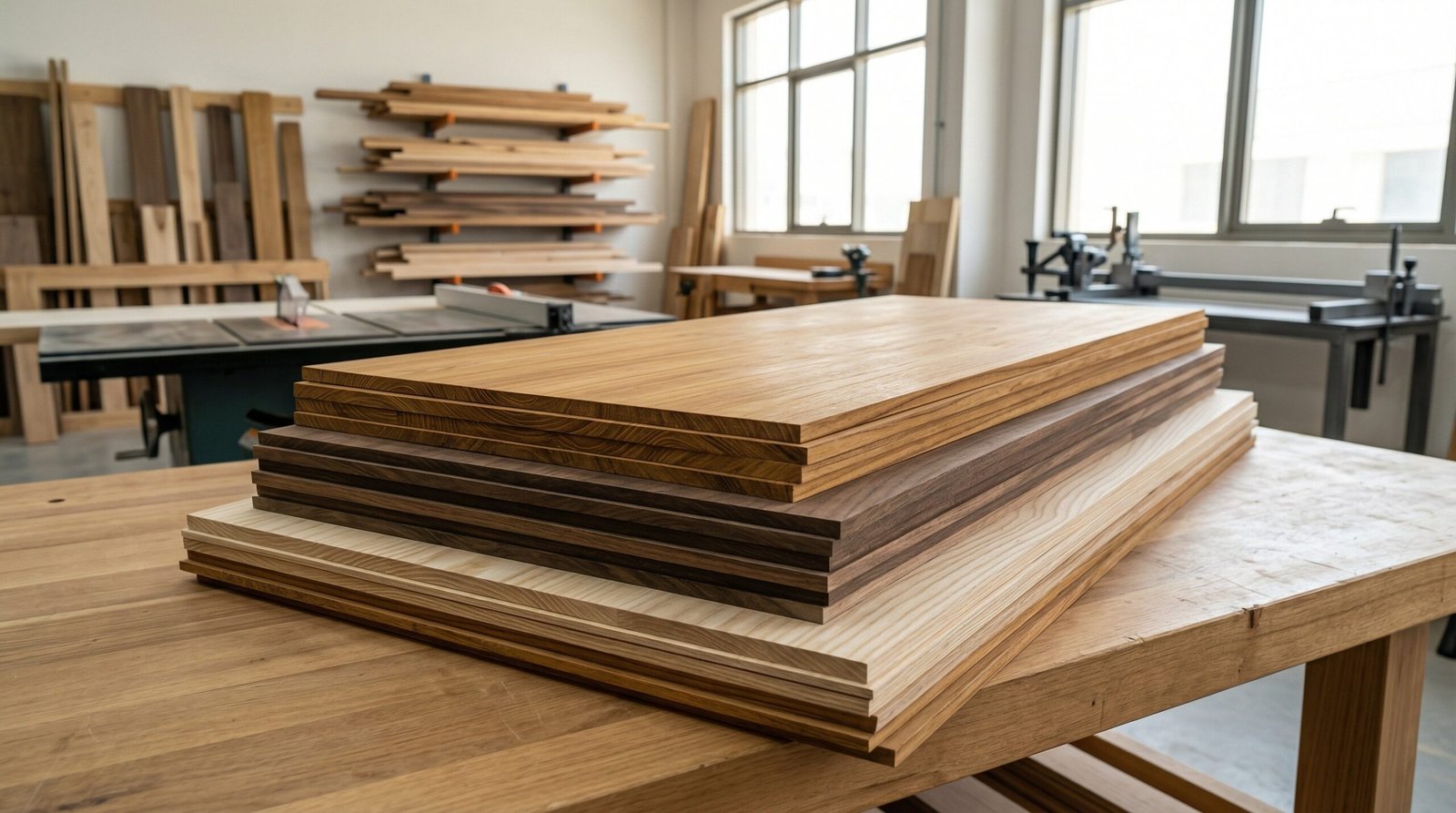 Stack of premium raw wood veneers (teak, walnut, ash) ready for custom office fit-out fabrication.