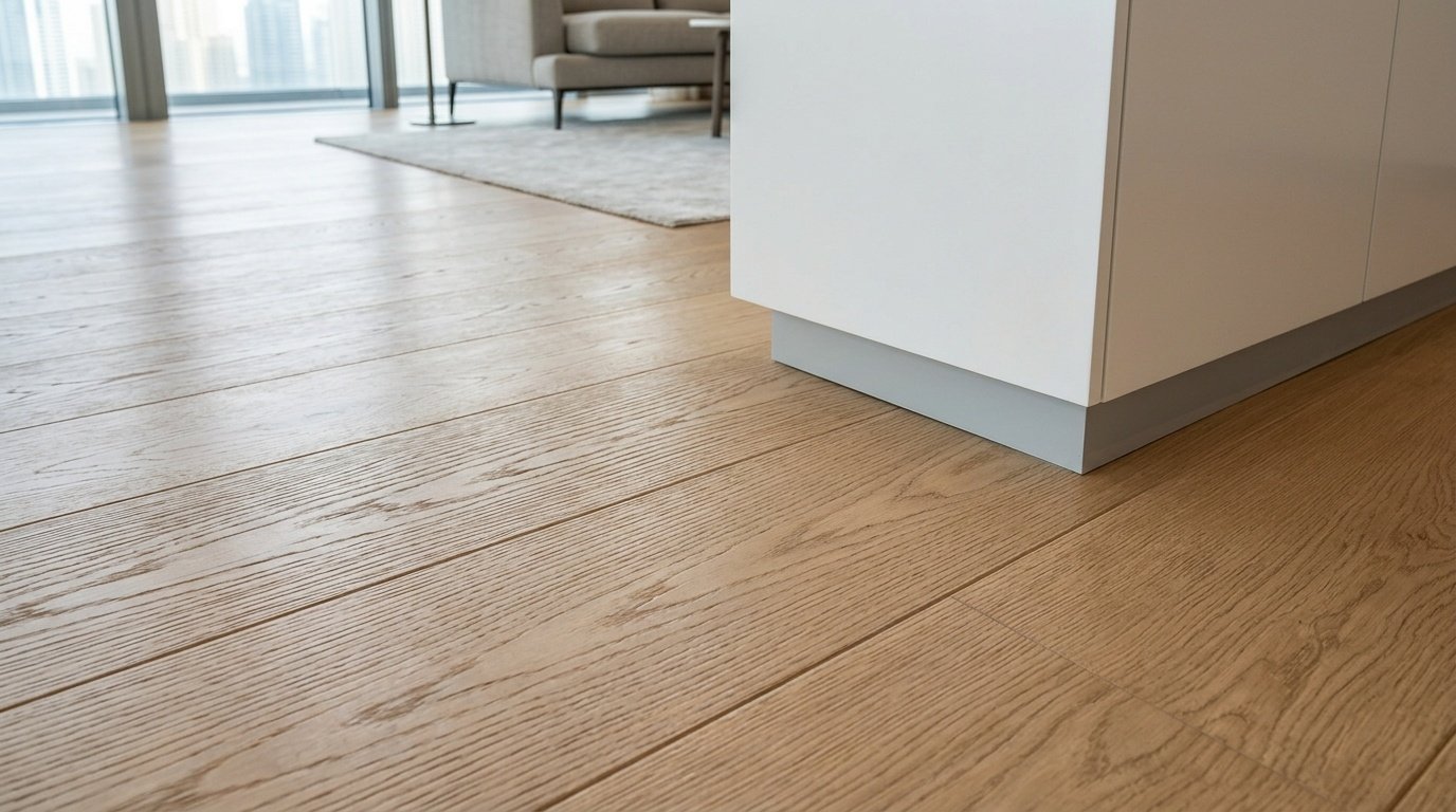 Close-up of authentic registered embossed texture on premium wide-plank oak flooring near custom white joinery