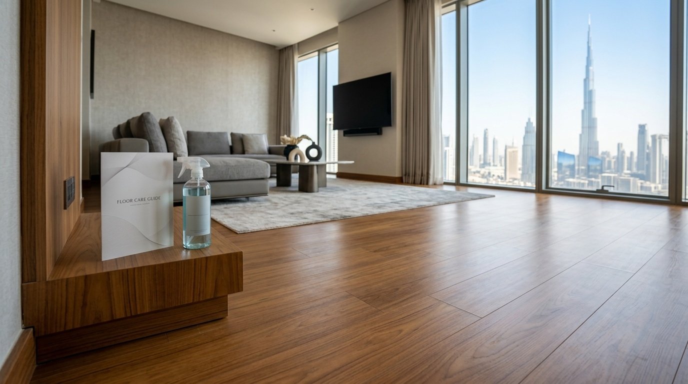 Finished luxury teak vinyl flooring with maintenance kit in a modern Downtown Dubai apartment.