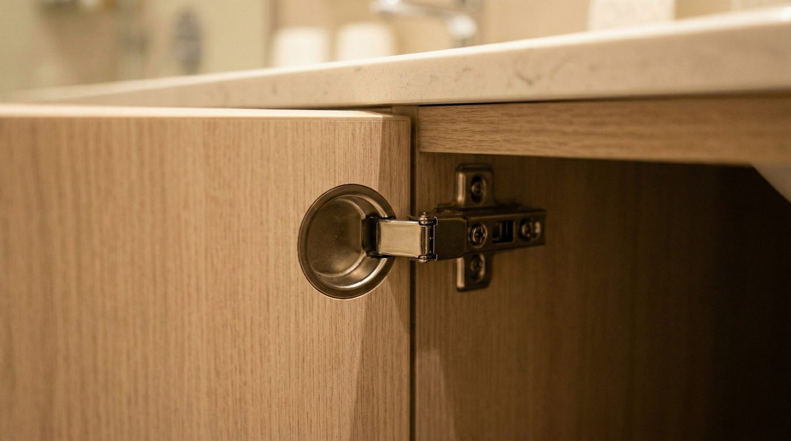Premium European soft-close concealed hinge installed flush in bathroom vanity door panel with precise gap alignment in UAE bathroom
