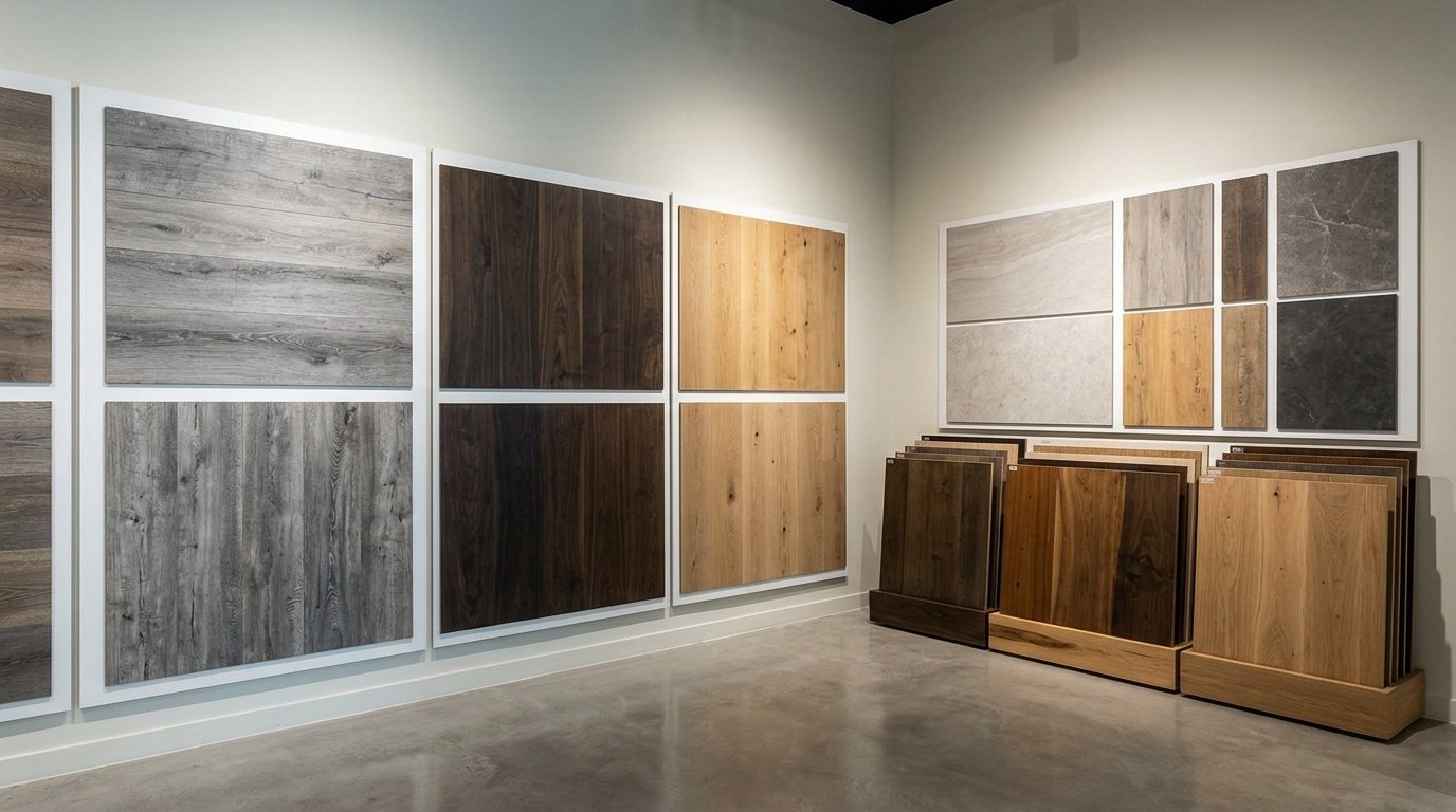 Premium European LVT plank display boards in a range of wood and stone finishes for client selection.