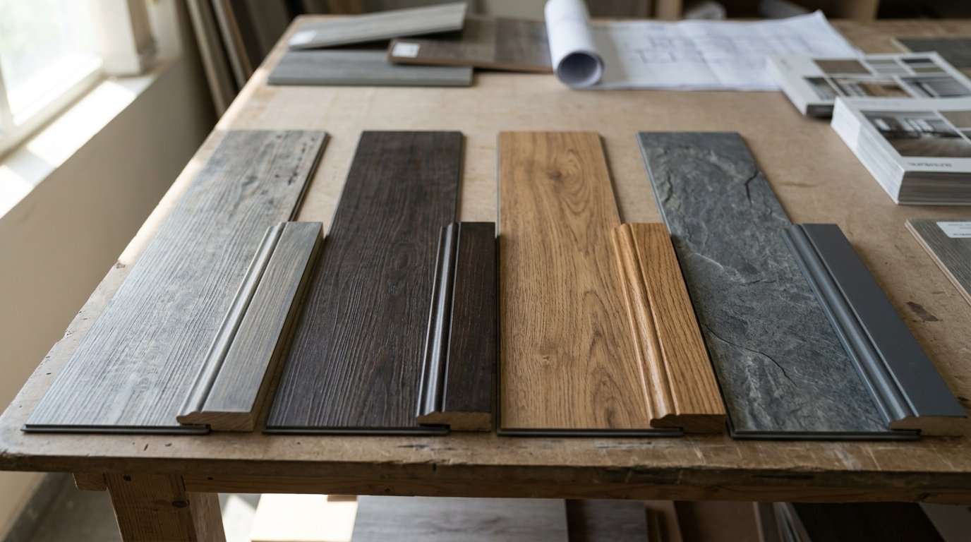 Close-up of four premium LVT wood and stone-effect samples next to custom baseboard joinery.
