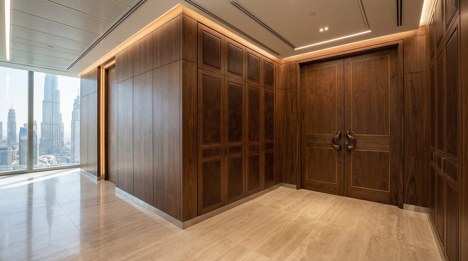 Extensive walnut wall paneling with integrated storage and leather accents in Downtown Dubai office.