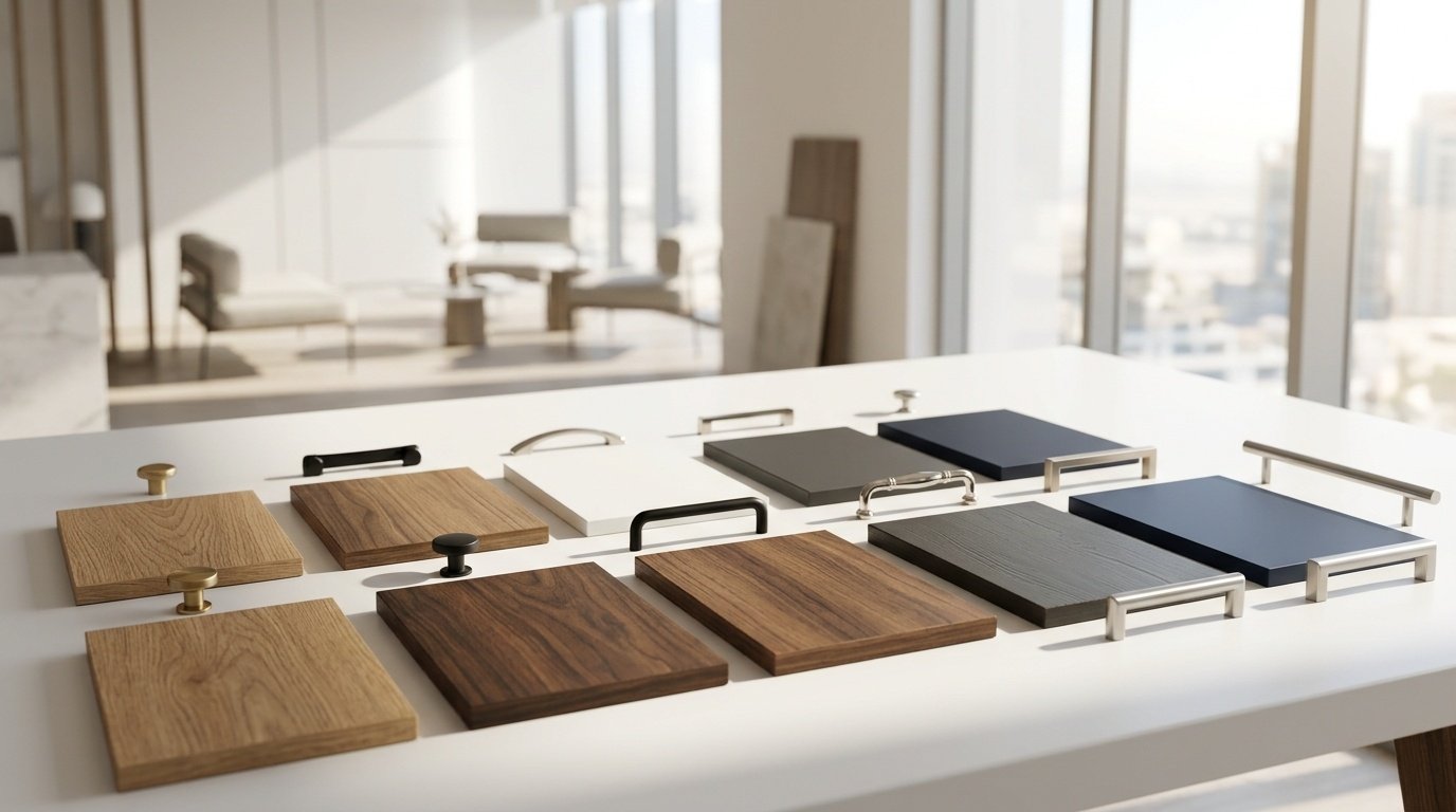 Premium Wood Veneer And Metal Hardware Samples For Custom Cabinet Planning.