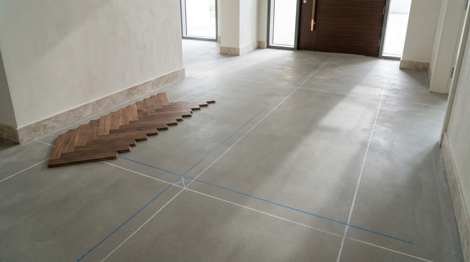 Leveled concrete subfloor with chalk lines for pattern layout in a UAE apartment foyer.