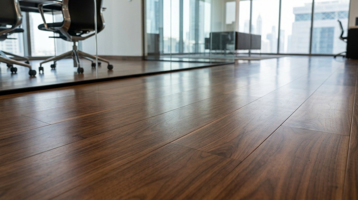 Flawless, perfectly maintained engineered wood floor in a high-traffic DIFC office area by Karnak Carpentry.