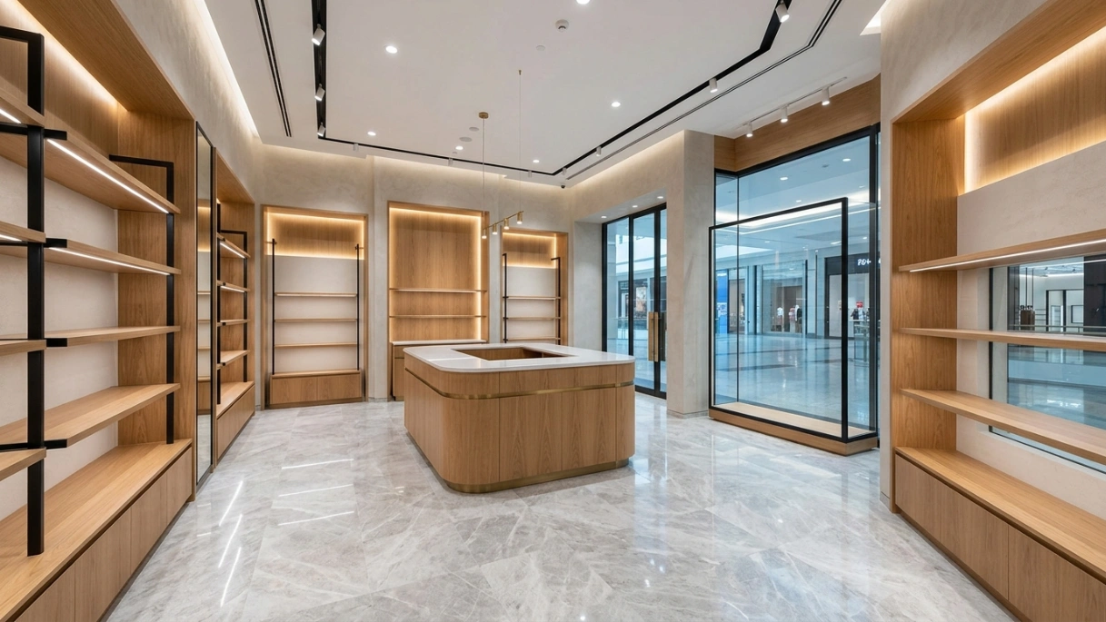 A wide angle view of a pristine, newly completed retail fit-out in Abu Dhabi, ready for stocking.