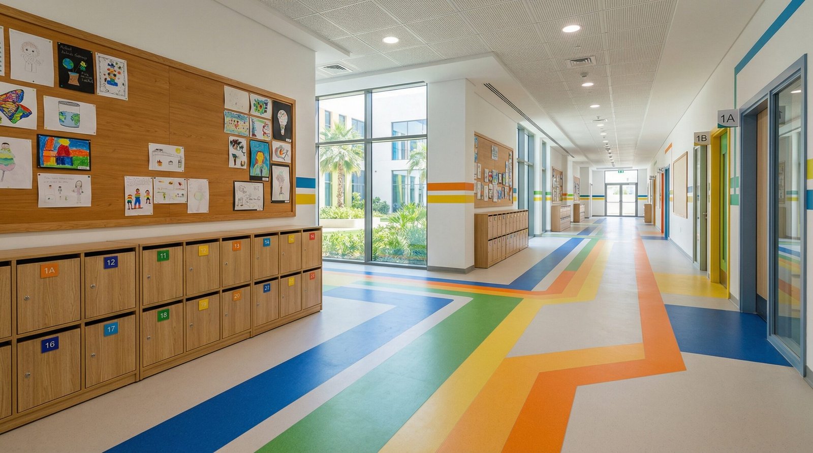 Durable multi-colored LVT flooring in a Sharjah private school corridor.