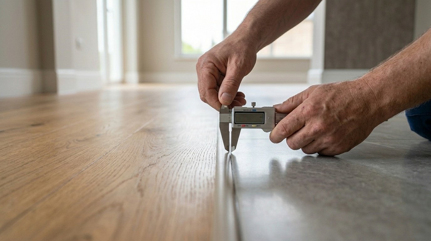 Precision check of a tight transition joint between engineered wood and tile flooring in a JVC villa.