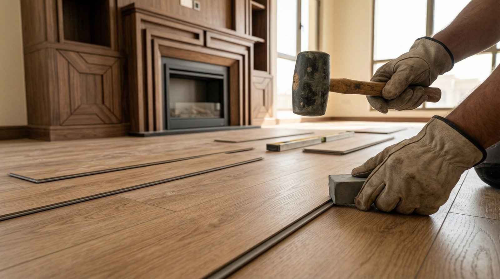 Professional installation of click-lock LVT flooring in a Dubai residential project.