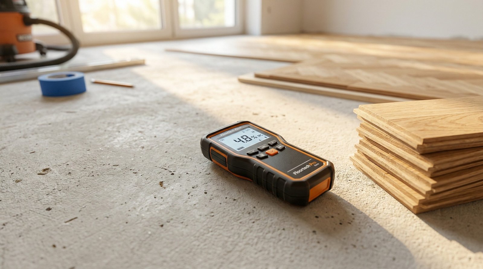 Professional moisture meter tool on a concrete subfloor before parquet installation.