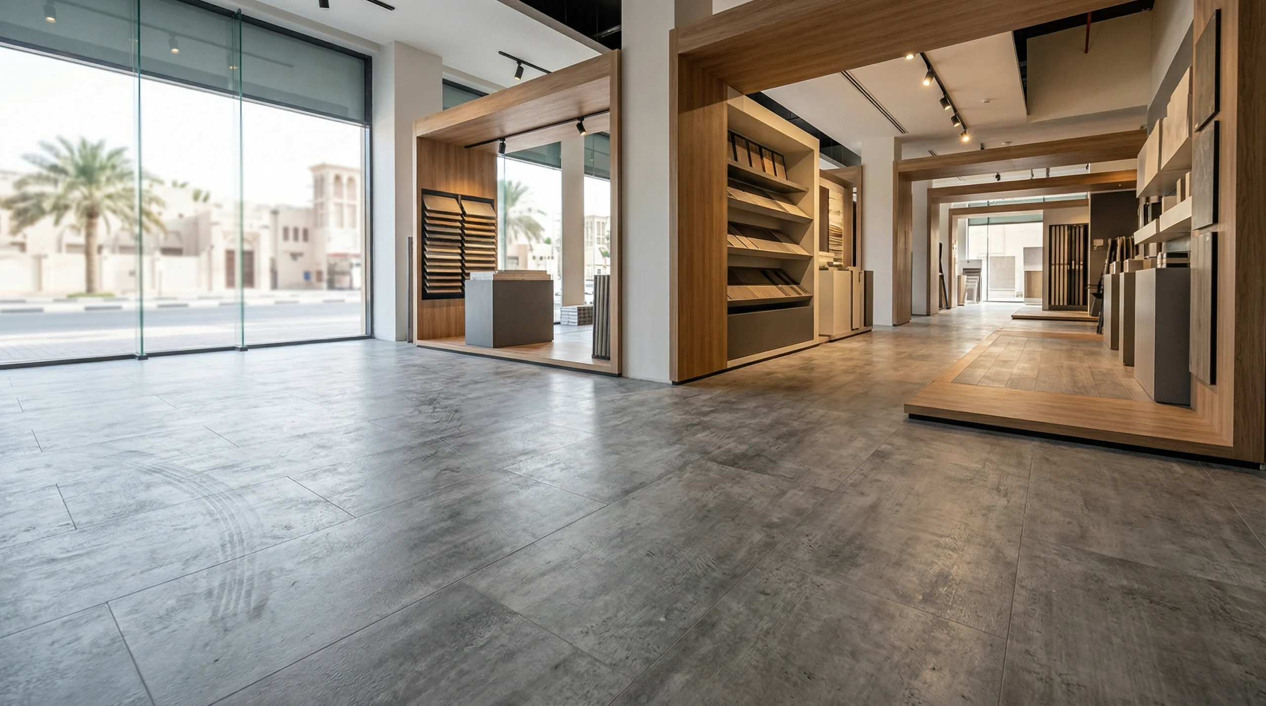 Durable concrete-effect commercial SPC tile flooring in a busy Al Ain showroom by Karnak Carpentry.