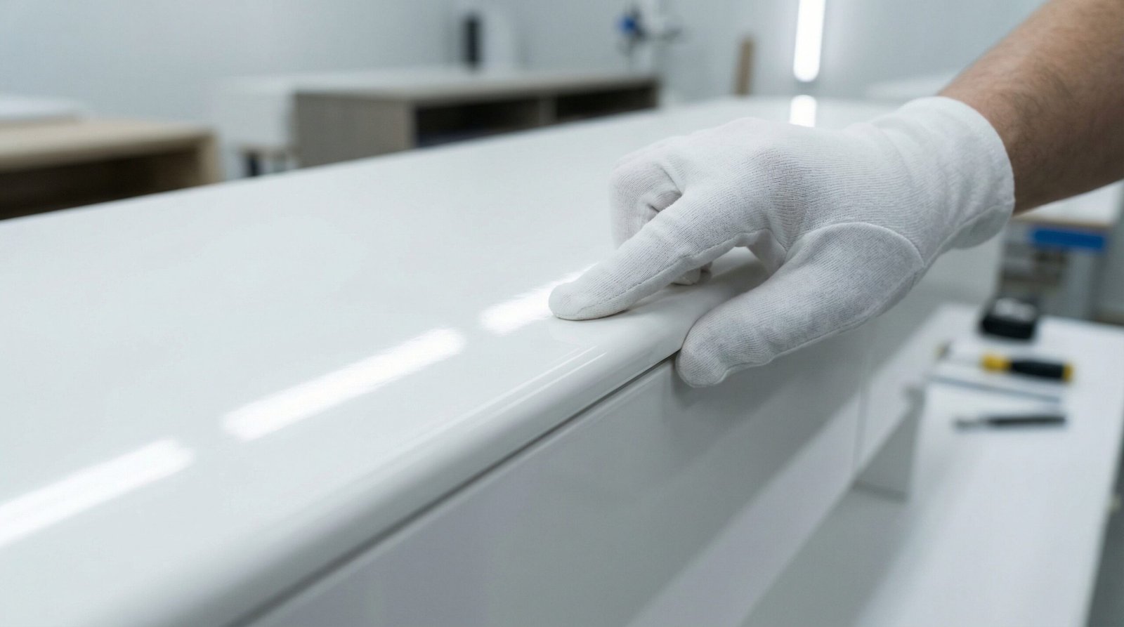 Quality inspection of a high-gloss white lacquered console table finish.