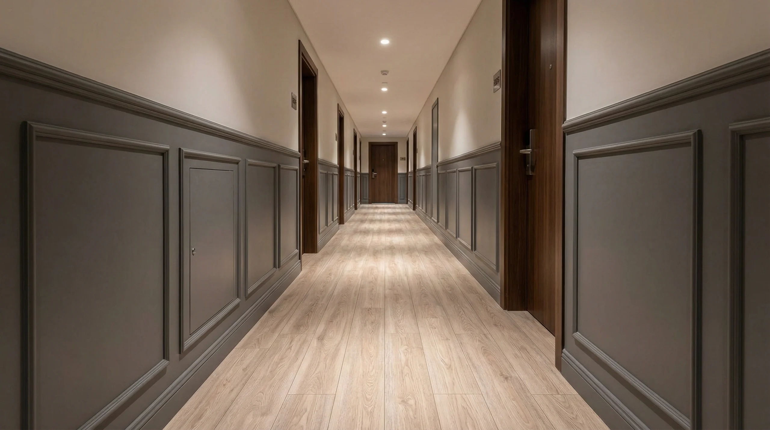 Heavy-duty ash wood laminate flooring in a hotel corridor.