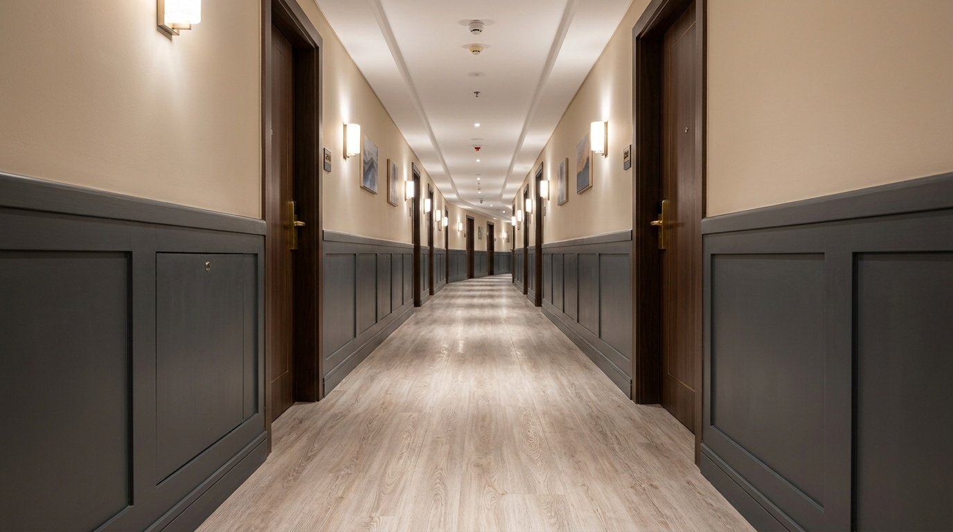 Heavy-duty ash wood vinyl flooring in a hotel corridor.