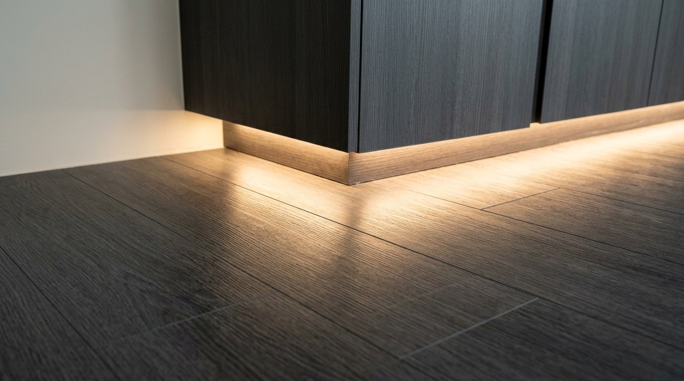 Dark charcoal LVT flooring under custom wardrobe with LED lighting.