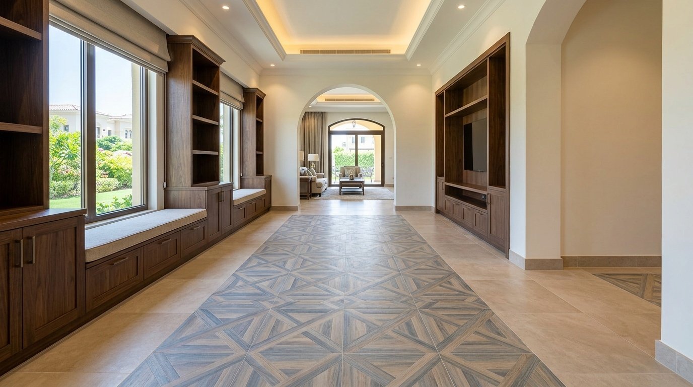 integrated geometric patterned laminate and porcelain tile flooring in an Arabian Ranches villa with custom joinery.