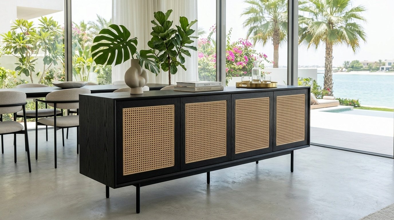 Custom black oak and rattan dining cabinet, Dubai Islands.
