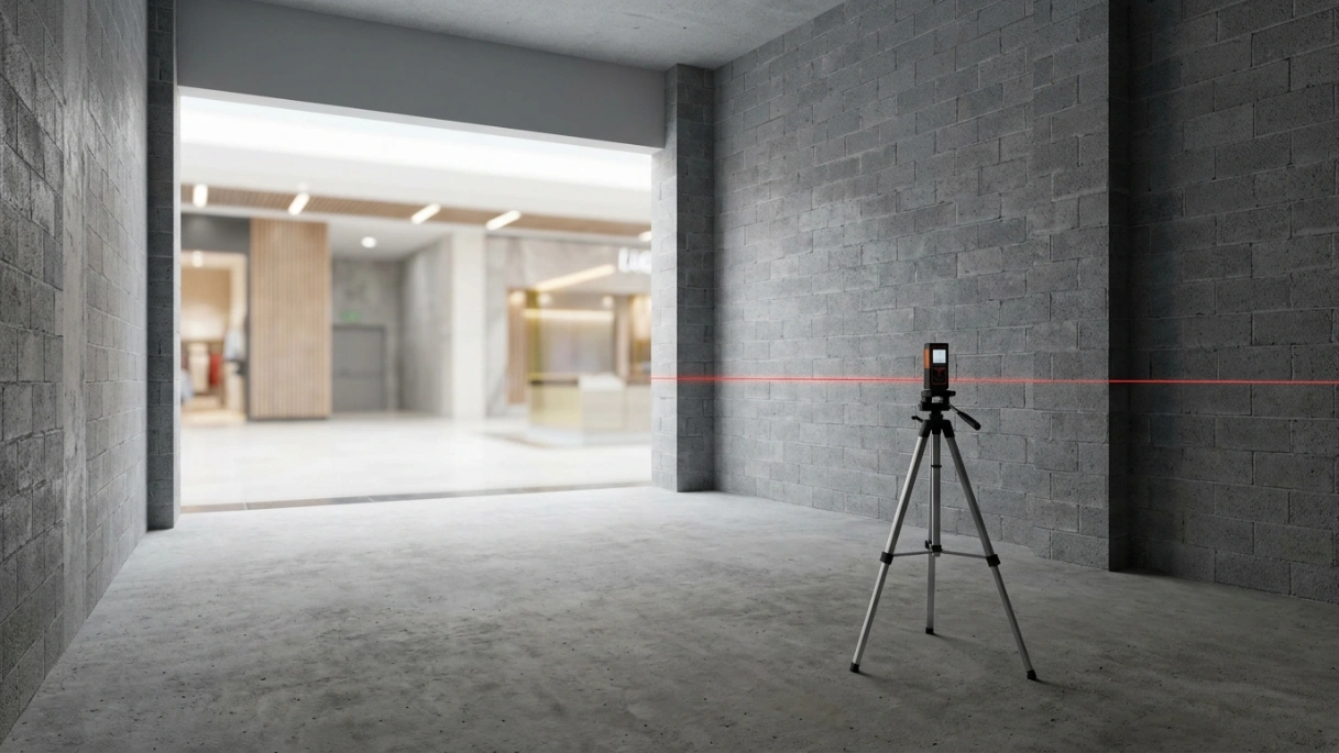 Interior view of a raw retail unit shell in a UAE mall during the site survey phase.