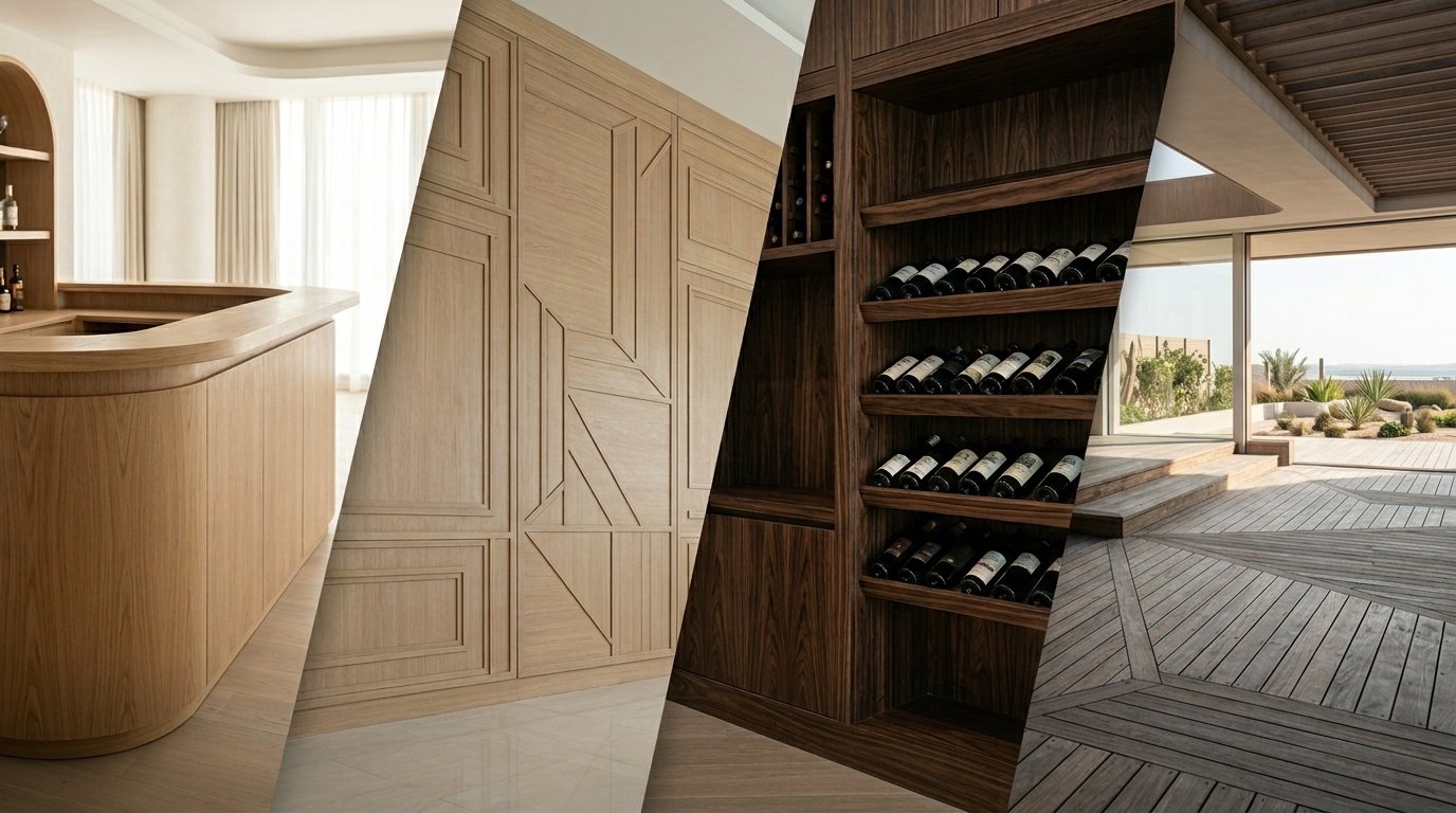 Collage Showing Completed Carpentry In Various UAE Locations: Bars, Paneling, Wine Storage, And Decking.