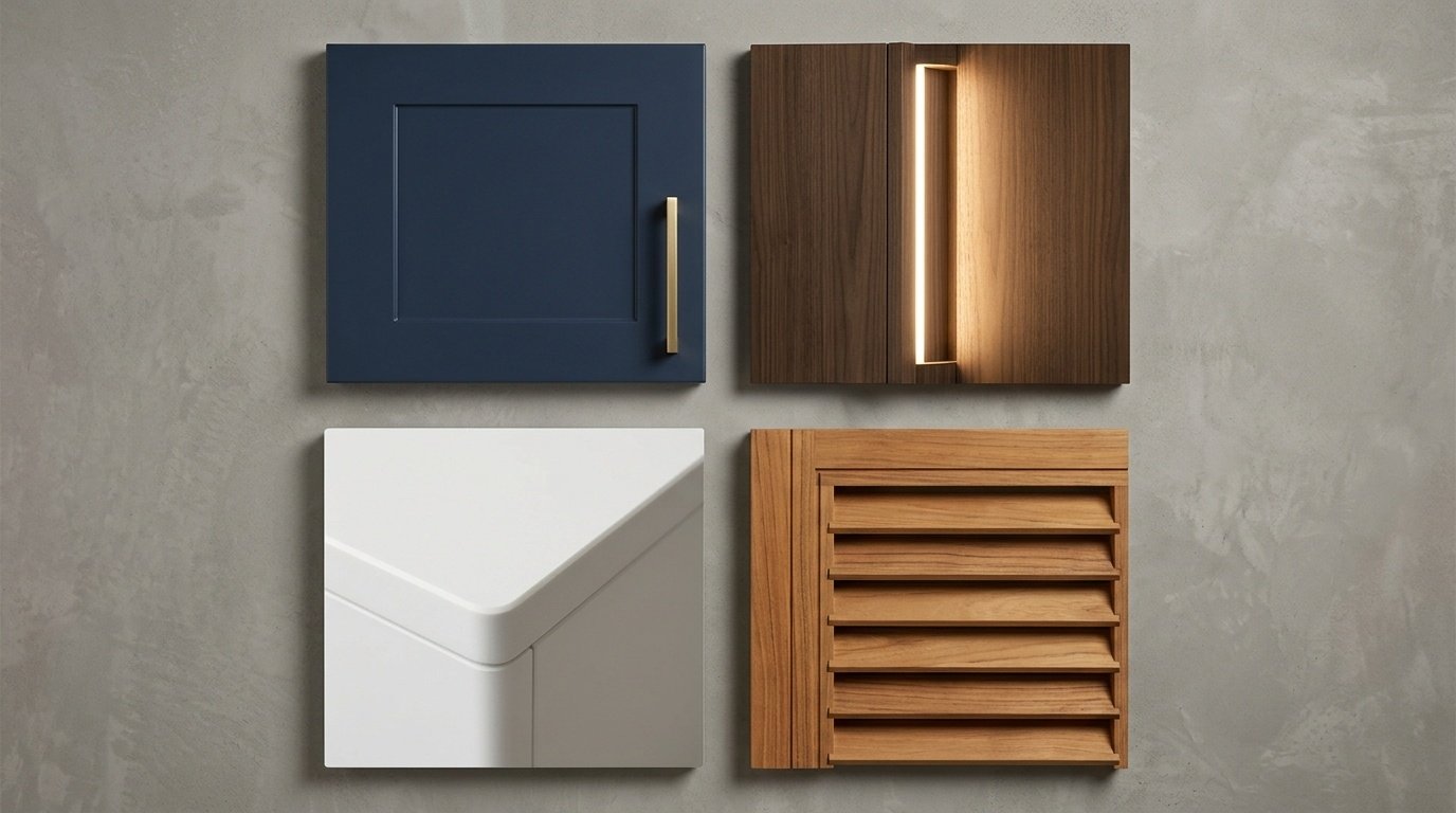 Portfolio display of four recent UAE custom furniture project material samples including navy kitchen, walnut wardrobe, Corian counter, and teak louvre panel by Karnak Carpentry