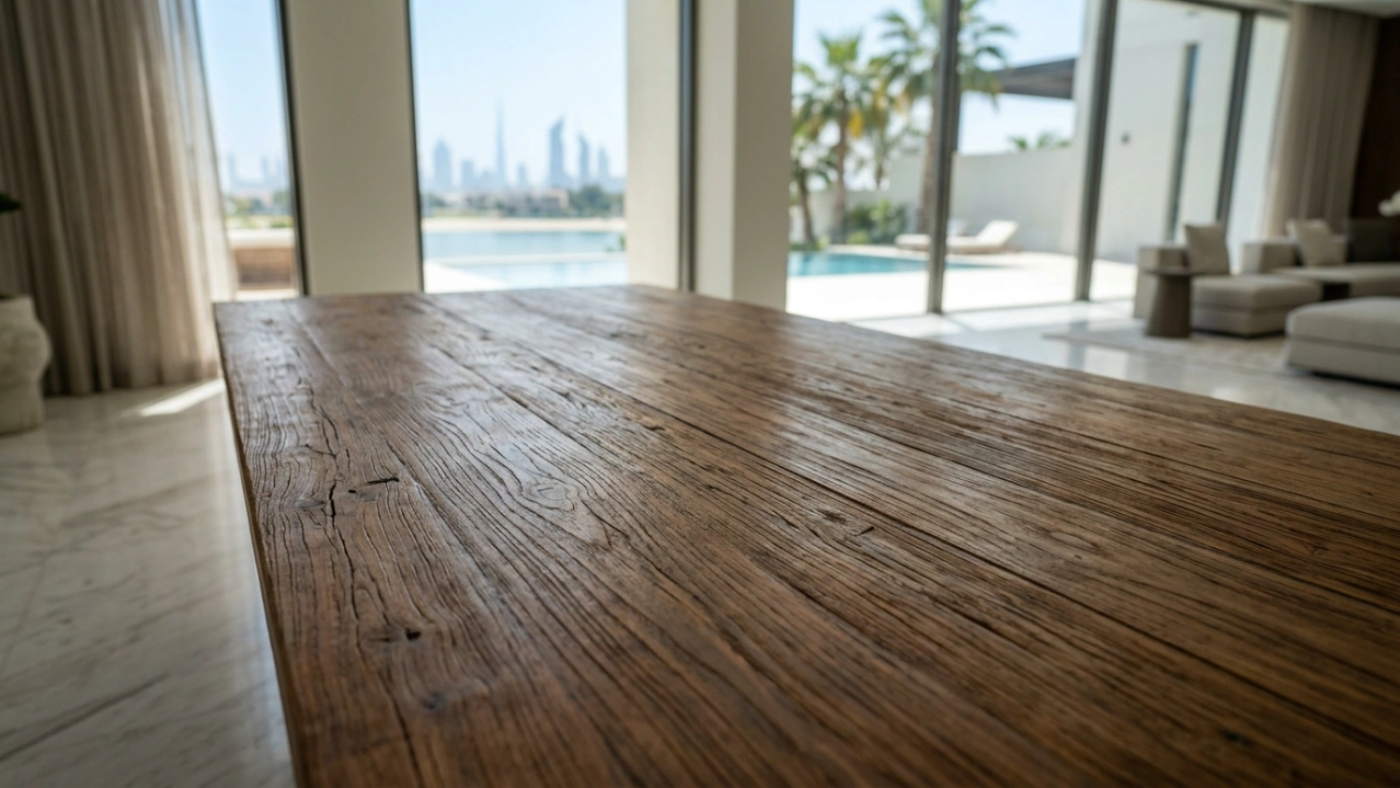 Custom dining table top made from certified reclaimed teak timber, installed in a modern Dubai villa.