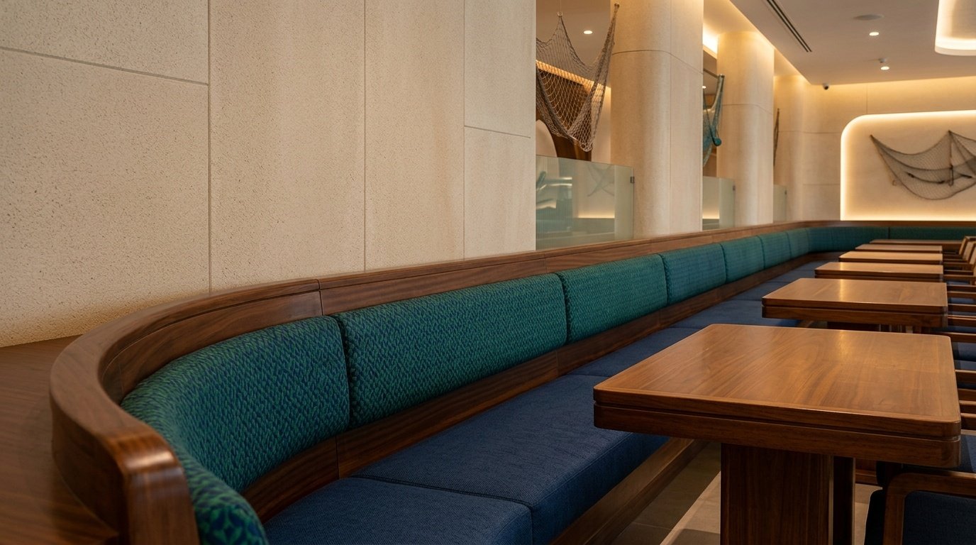 Consistent and durable custom banquette seating installation in an Umm Al Quwain restaurant.