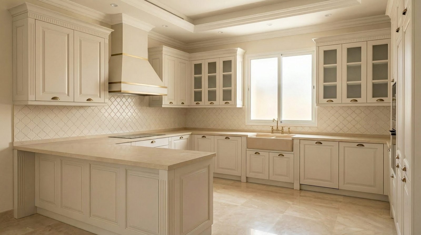 Classic shaker-style kitchen cabinets in off-white with antique brass handles and frosted glass inserts in UAE villa