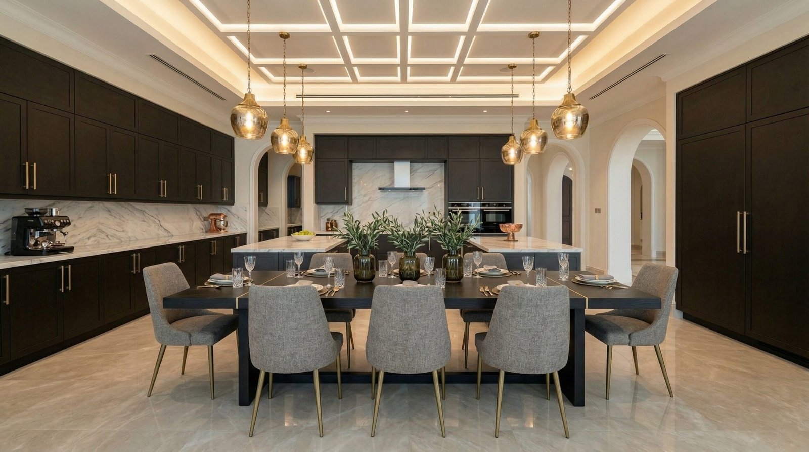 Grand UAE villa kitchen with double island in espresso matte lacquer and white marble countertops by Karnak Carpentry