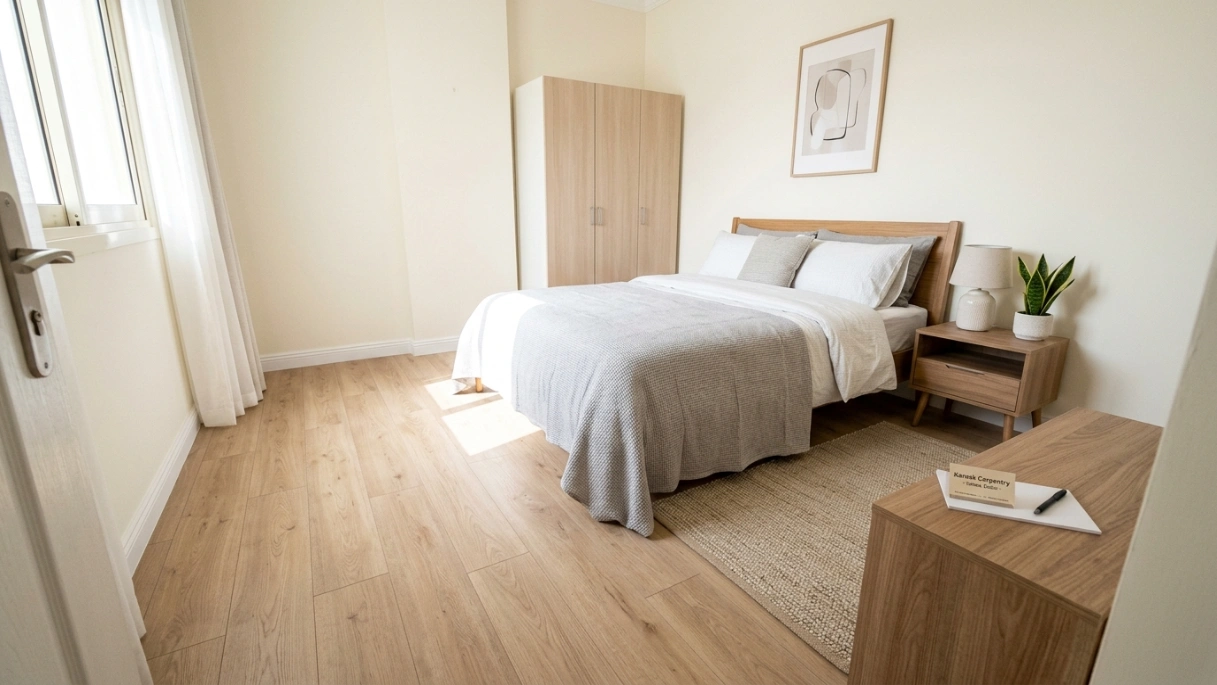 Renovated bedroom in a Satwa townhouse featuring light oak finish laminate wood flooring installed by Karnak Carpentry.