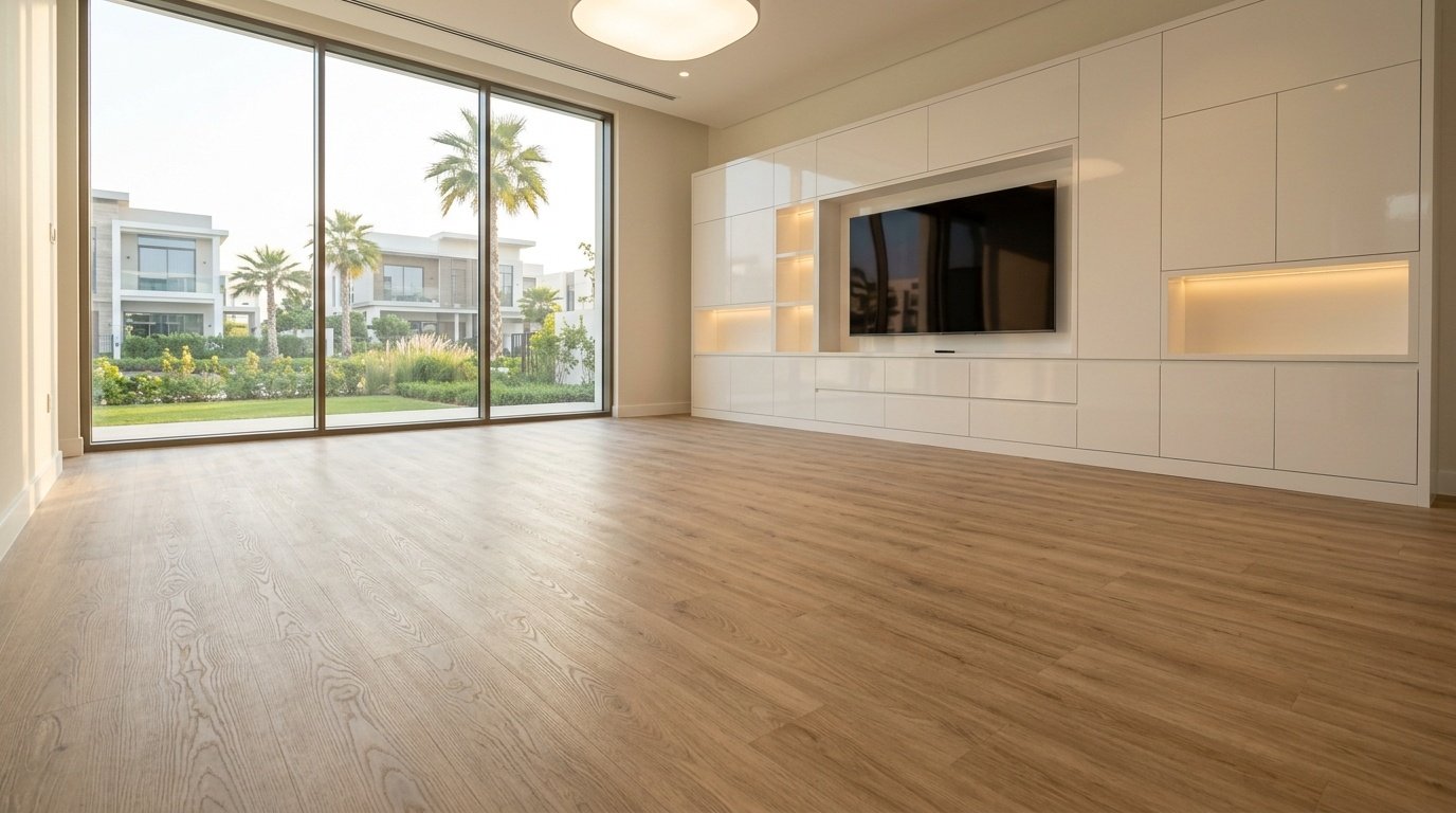 Durable light wood vinyl plank flooring in a modern Dubai Hills villa living room with custom joinery.