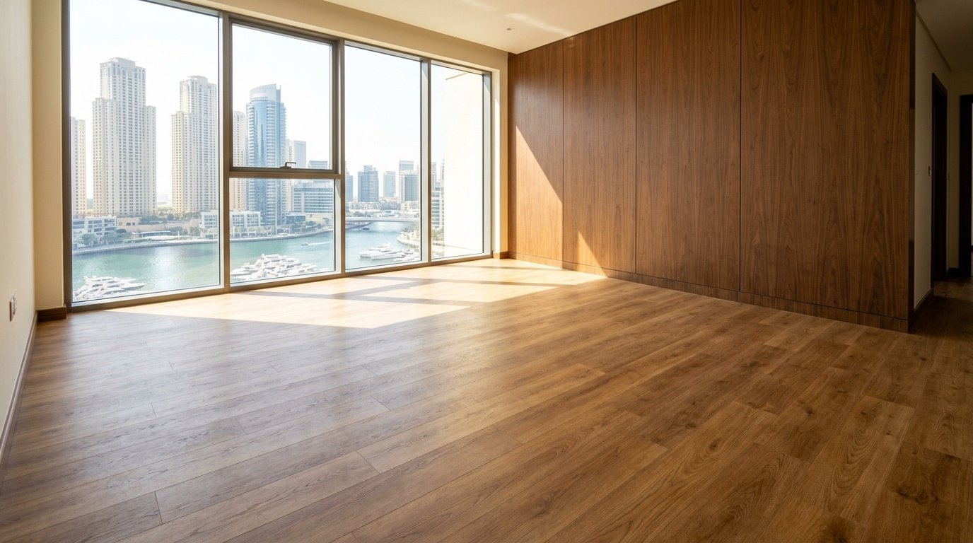 UV-resistant oak luxury vinyl plank flooring in a sunlit Dubai Marina apartment near walnut joinery.