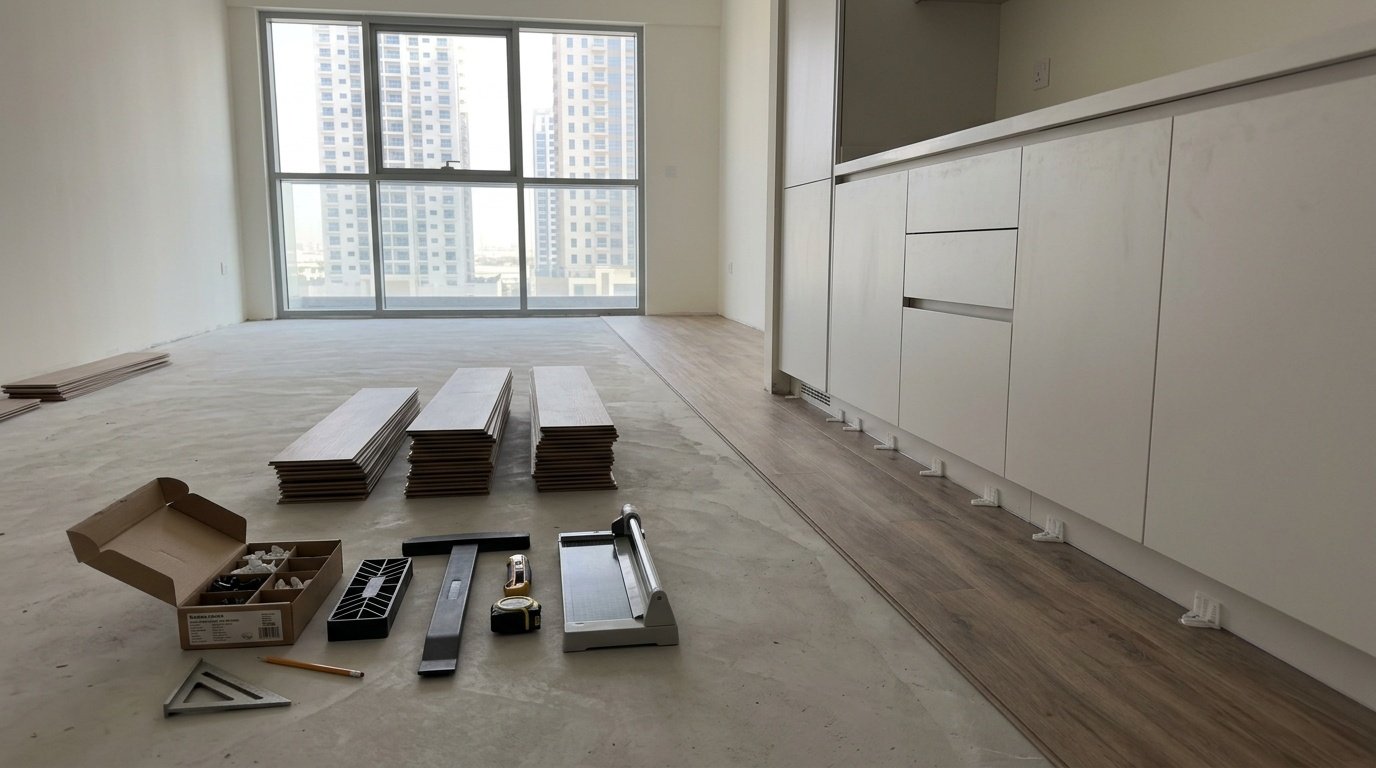 JVC residential LVT installation mid-process with acclimated planks, tools, and precise start near joinery.