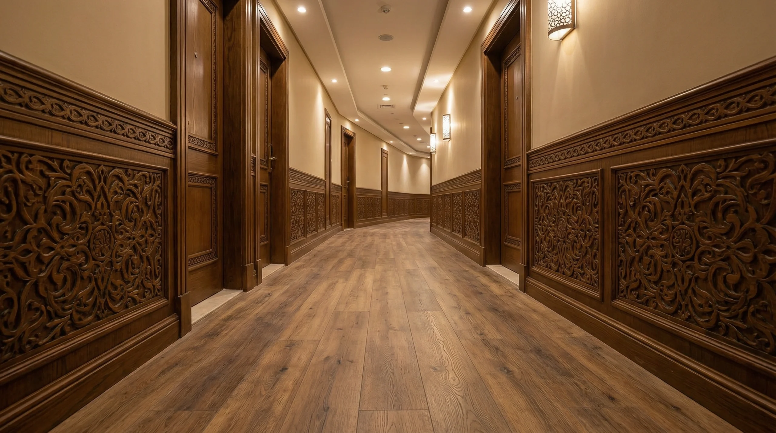 High-traffic AC5 aged oak laminate flooring in an Ajman beach resort guest corridor near carved traditional joinery.